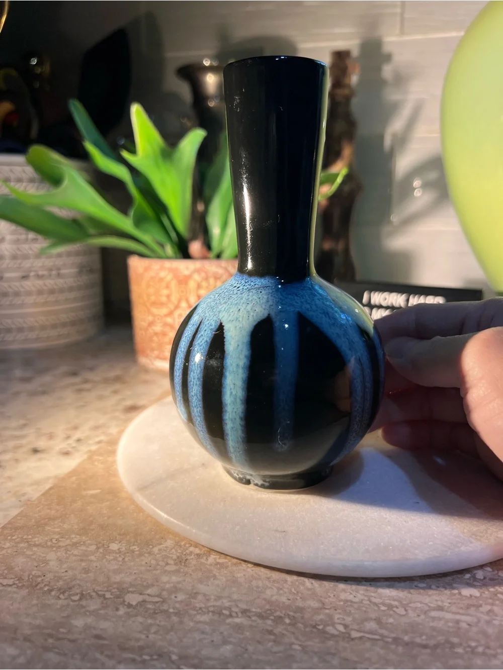 Vintage Handmade Blue and Black Ceramic Bud Vase - no cracks